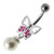 Fancy Butterfly Jeweled Pearl Dangling Curved Belly Ring Body Jewelry - Pink