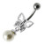 Fancy Butterfly Jeweled Pearl Dangling Curved Belly Ring Body Jewelry - Clear