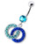 Fancy Multi Colored Stone Studded Crossed O Dangling SS Bar Belly Ring - Aqua