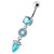 Fancy Multi Stone Jeweled "O" Pear" Dangling SS Bar Navel Body Jewelry Ring - Aqua