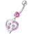 Fancy Single Jeweled Heart Dangling Belly Ring - Pink