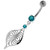 Flower Leaf Jeweled Sterling Silver Navel Belly Button Bar - Aqua