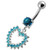 Jeweled Fancy Heart Silver Dangling Banana Bar Navel Belly Ring - Aqua