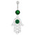 Hamsa Hand with Flowers Dangling Belly Button Ring - Emerald