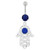 Hamsa Hand with Flowers Dangling Belly Button Ring - Dark Blue