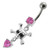 Jeweled Fancy Silver Dangling Banana Bar Navel Body Jewelry Ring - Pink