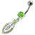 Jeweled Fancy Silver Dangling SS Bar Banana Belly Ring - Peridot