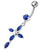 Jeweled Fancy Silver Flower Dangling SS Bar Banana Belly Ring - Dark Blue