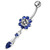 Jeweled Fancy Flower Dangling SS Banana Bar Navel Ring - Dark blue