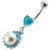 Jeweled Heart Pearl Dangling Navel Ring - Aqua