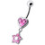 Jeweled Heart with Dangling Flower Belly Ring - Pink