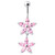 Jeweled Multi Flower Silver Dangling Belly Button Ring - Pink