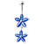 Jeweled Multi Flower Silver Dangling Belly Button Ring - Dark Blue