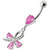Silver  Pear Jeweled Dangling SS Belly Ring Body Jewelry - Pink