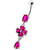 Silver Fancy  Flower Dangling Bdy Jewelry SS Bar Belly Ring - Red