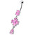 Silver Fancy  Flower Dangling Bdy Jewelry SS Bar Belly Ring - Pink