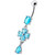Silver Fancy  Flower Dangling Bdy Jewelry SS Bar Belly Ring - Aqua