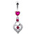 Silver Fancy Heart Jeweled Heart Dangling Banana Belly Ring - Red