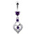 Silver Fancy Heart Jeweled Heart Dangling Banana Belly Ring - Purple