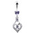 Silver Fancy Heart Jeweled Heart Dangling Banana Belly Ring - Lavender