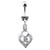 Silver Fancy Heart Jeweled Heart Dangling Banana Belly Ring - Clear