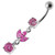 Silver Fancy Leaf Design Dangling Belly Ring - Pink