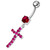 Sterling silver Jeweled Cross Dangling Navel Ring - Red