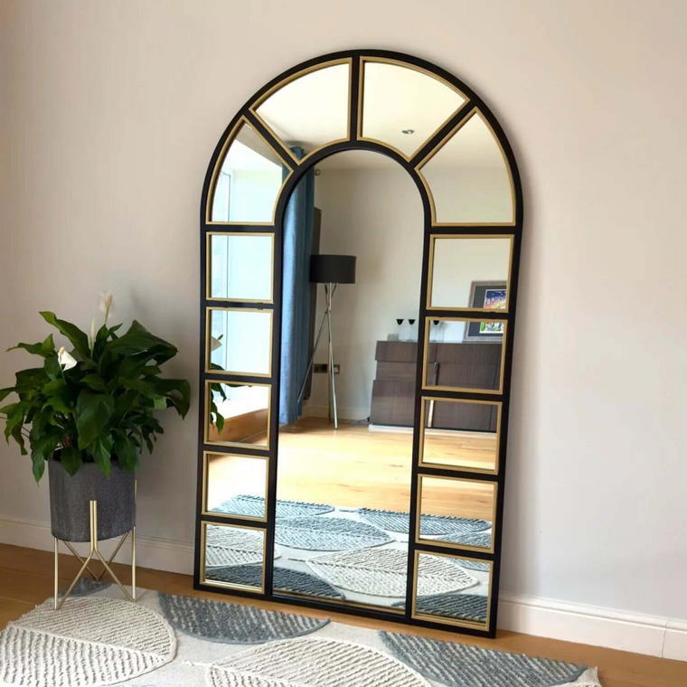 Mio - Full Length Black & Gold Metal Arched Window Mirror - 180cm x 105cm.