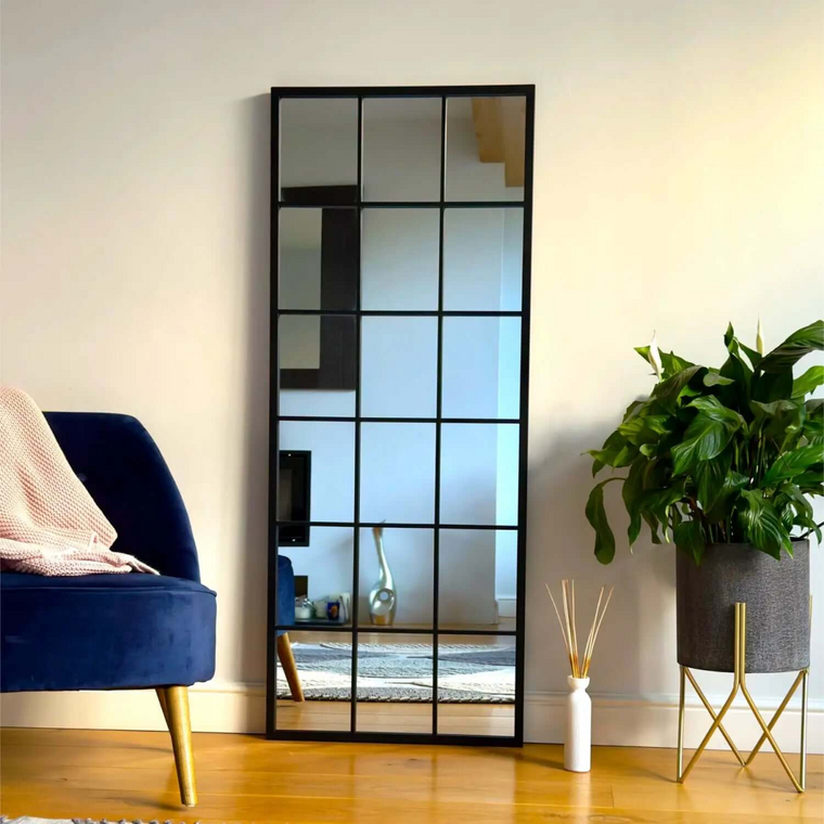 Ky - Full Length Black Metal Rectangle Lattice Grid Mirror - 150cm x 60cm.
