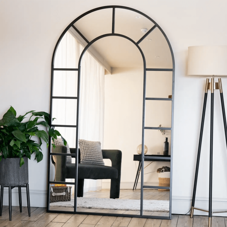 Mio - Full Length Black Metal Arched Window Mirror - 180cm x 105cm.