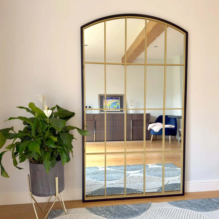 Tomi- Full Length Black & Gold Metal Arched Lattice Window Mirror - 180cm x 105cm
