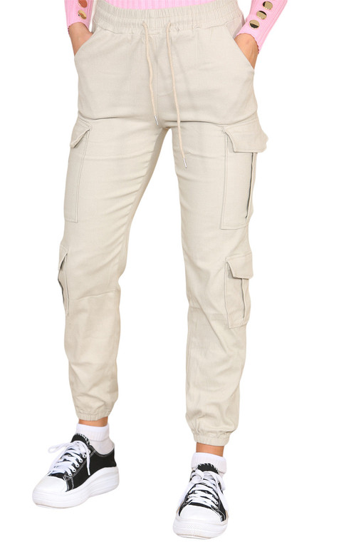 Cargo Pockets Pants Women High Waist Cropped Slim Fit Trouser - Beige / M/L