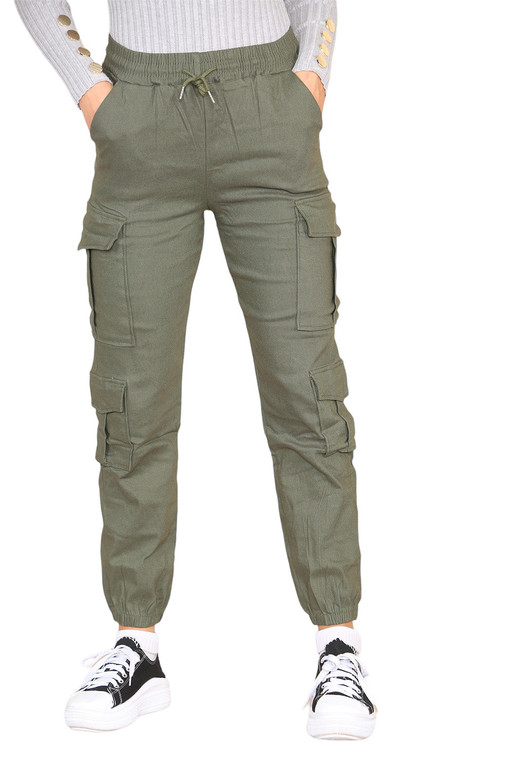 Cargo Pockets Pants Women High Waist Cropped Slim Fit Trouser - Khaki / S/M