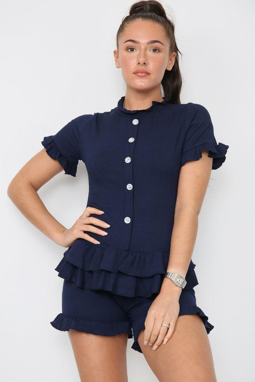 Diamond Frilled Edge Short Co-Ord Set - Navy / One Size UK Fit (Upto 14)