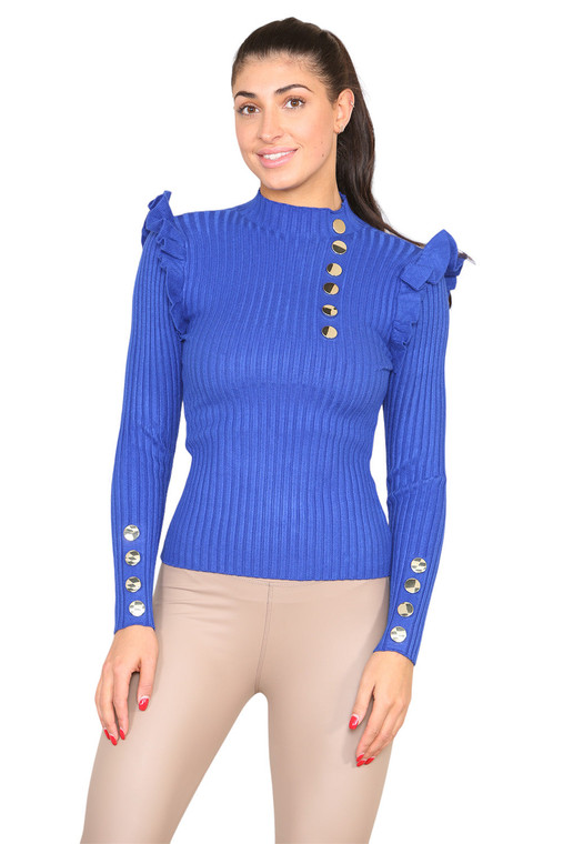 Ribbed Knit Gold Button Detail Jumper with Frill - Royal Blue / M/L