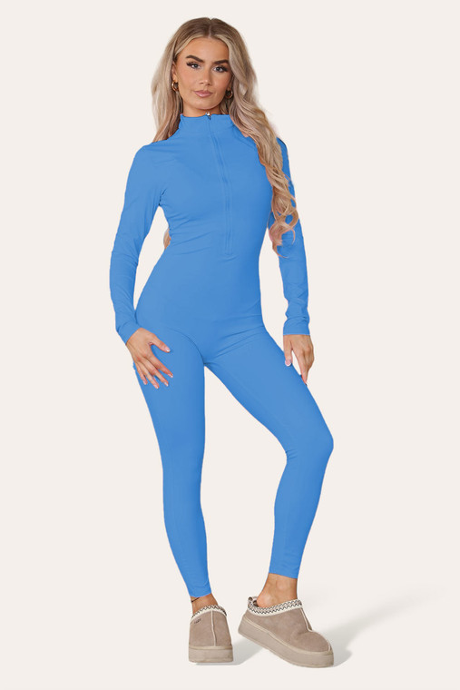Ribbed High Neck Zipper Collar Jumpsuit Front Unitard Set - Royal Blue / S/M