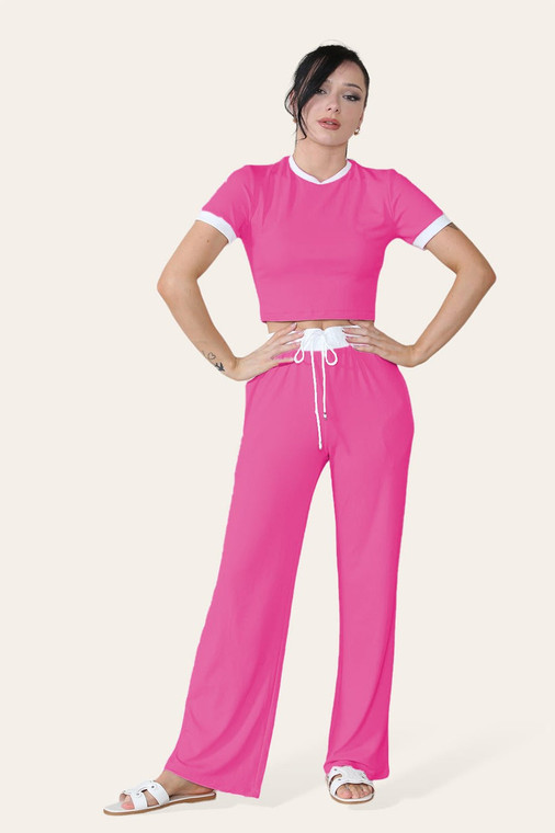 Ribbed Contrast Wide Leg Flared Trousers And Top Loungewear TRS Cropped Set - Fuchsia / One Size