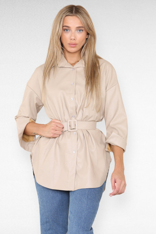 PU Faux Leather Belted Wet Look Shirt Dress - Beige / One Size (6-12)