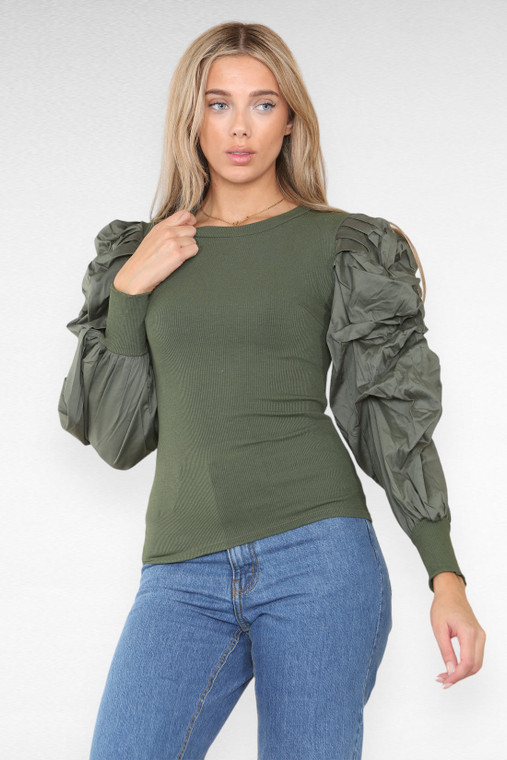 Oversized Puff Sleeves Ribbed Top - Khaki / One Size (6-12)