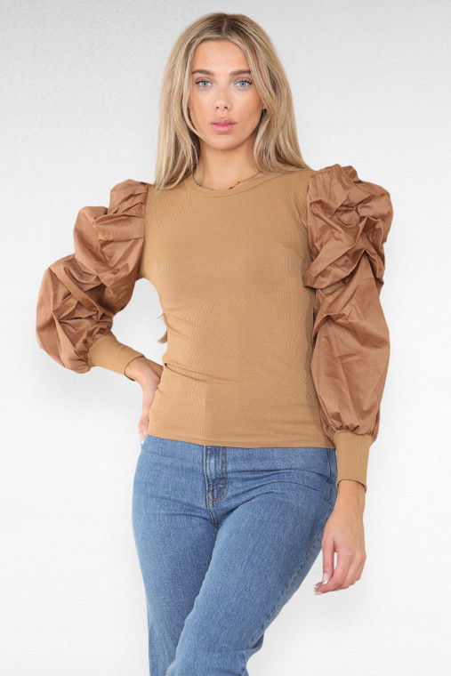 Oversized Puff Sleeves Ribbed Top - Camel / One Size (6-12)