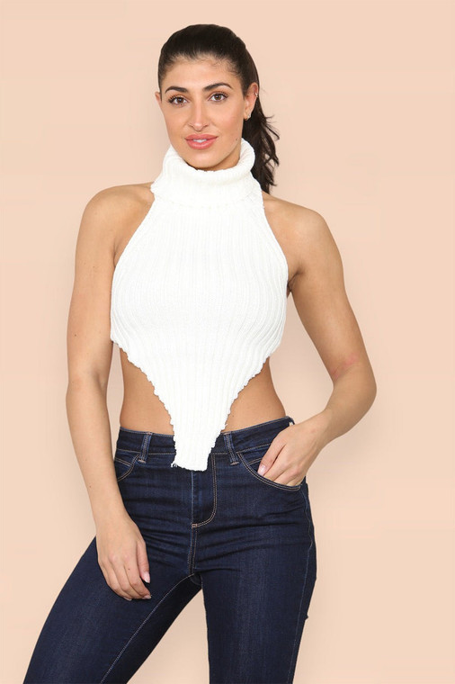 High Neck Roll Knitted Backless Front Cropped Top - Cream / One Size