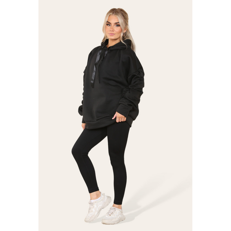 Ruched Sleeves Plus Size Hoodie with Satin Ribbon - Stylish Comfort - Black / Plus Size UK Fits