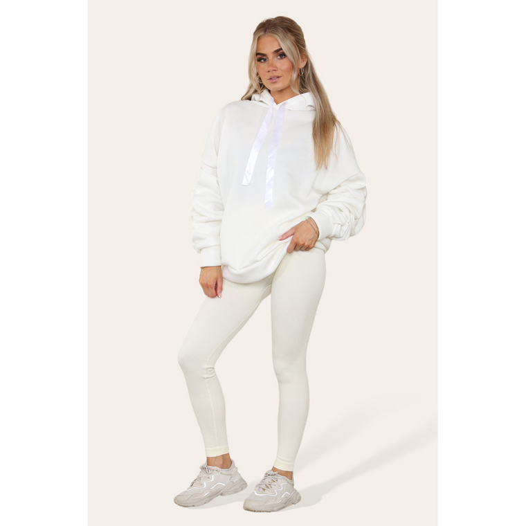 Ruched Sleeves Plus Size Hoodie with Satin Ribbon - Stylish Comfort - Cream / Plus Size UK Fits