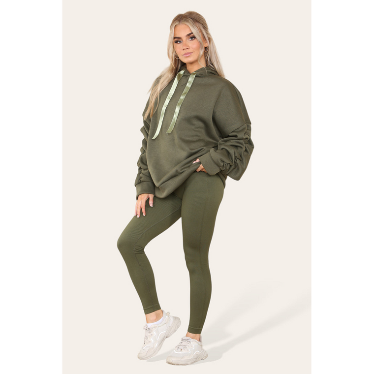 Ruched Sleeves Plus Size Hoodie with Satin Ribbon - Stylish Comfort - Khaki / Plus Size UK Fits