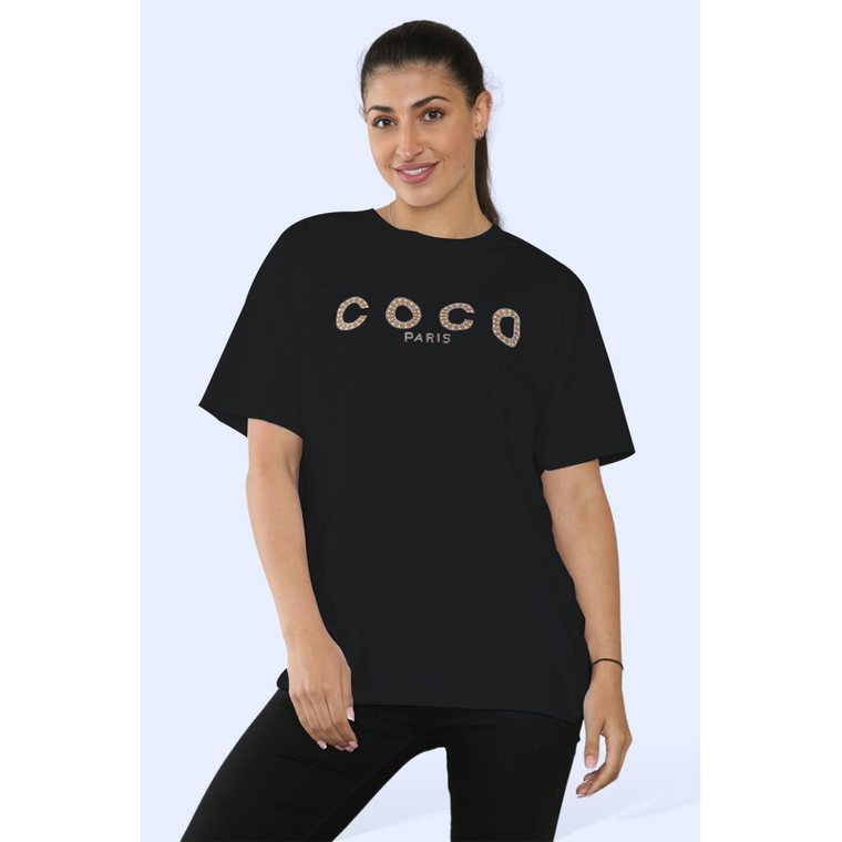 Ladies Coco Paris  Printed Short Sleeve T-Shirt Top - Black / M/L