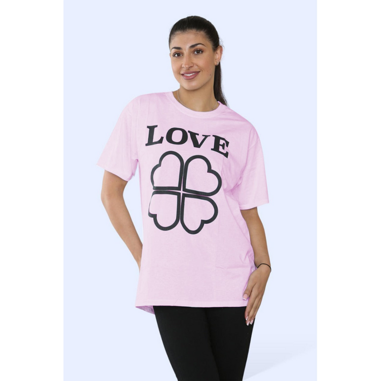Ladies Love Printed Short Sleeve T-Shirt Top - Baby pink / L/XL