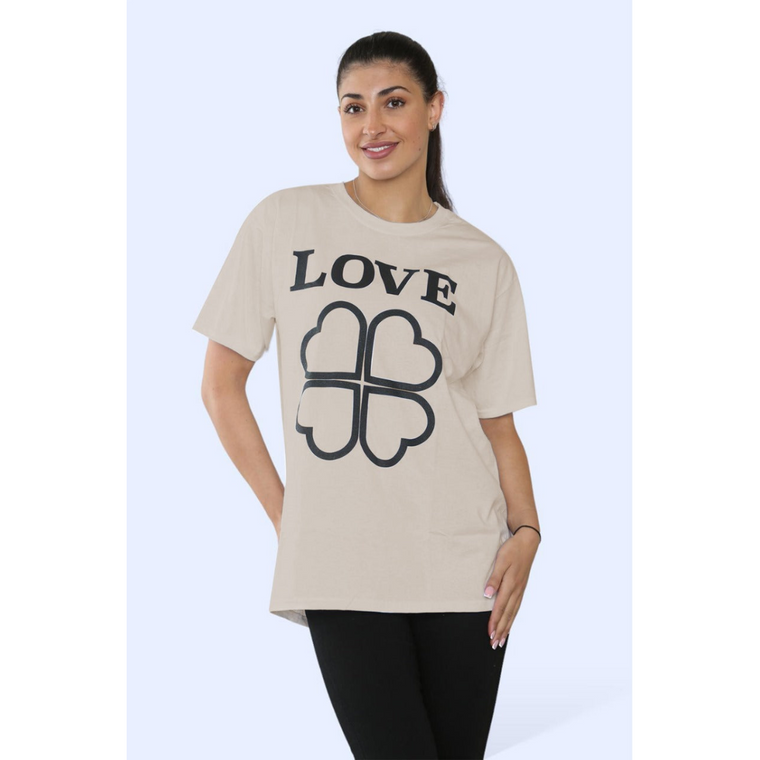Ladies Love Printed Short Sleeve T-Shirt Top - Beige / L/XL
