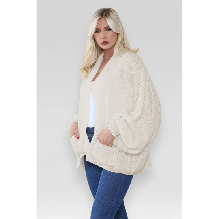 Stylish Oversized Cropped Knitted Cardigan with Balloon Pockets - Light Beige / One Size UK Fits