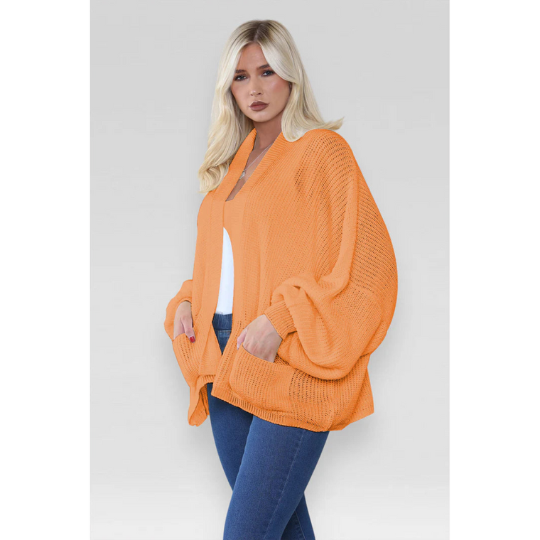 Stylish Oversized Cropped Knitted Cardigan with Balloon Pockets - Orange / One Size UK Fits