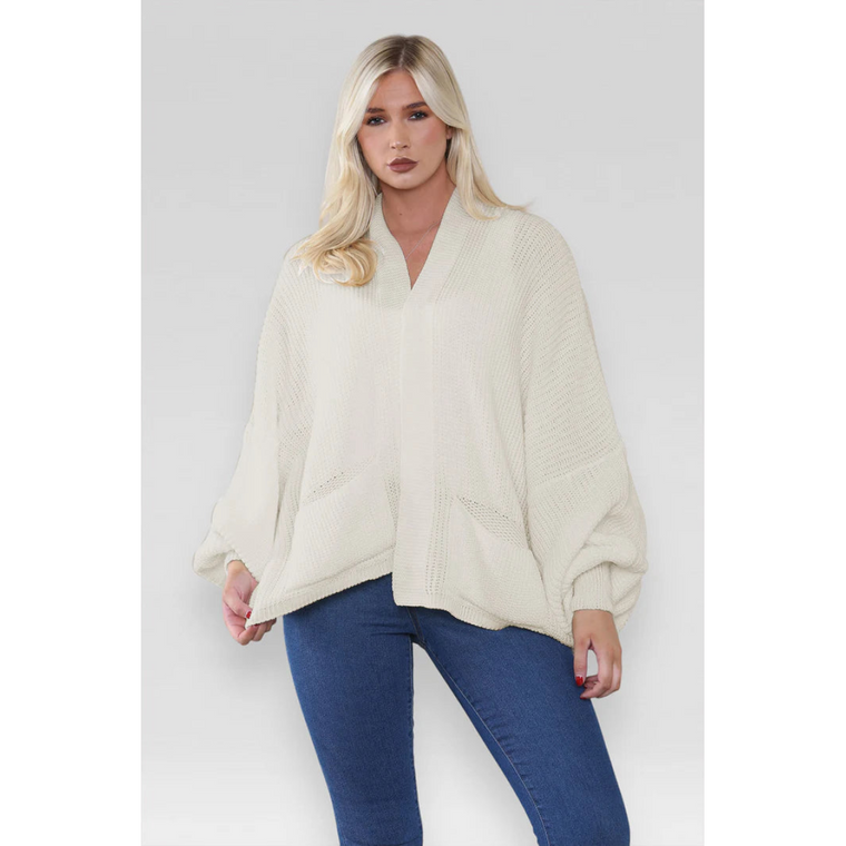 Stylish Oversized Cropped Knitted Cardigan with Balloon Pockets - Beige / One Size UK Fits